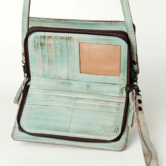 NWT - Antiqued Teal Leather Crossbody Wallet Organizer - Picture 6 of 8